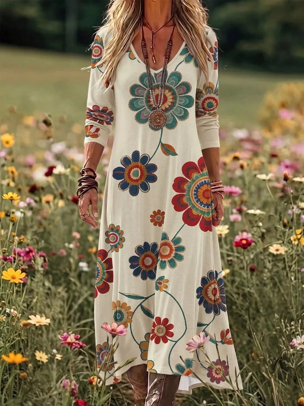 Floral print V-neck long sleeve maxi dress by Trendsi, featuring a flowing fabric and elegant design.