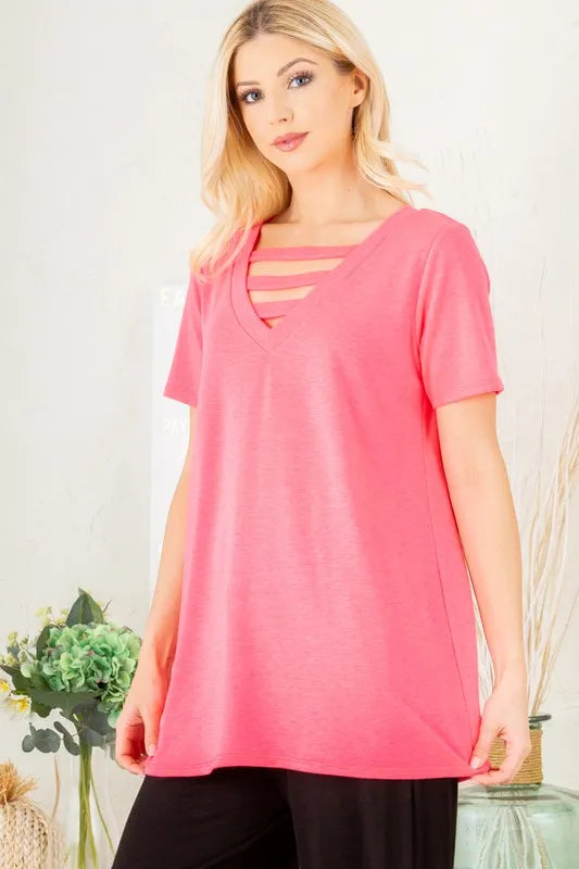 Plus size Heimish V-neck short sleeve T-shirt with bar detail, featuring a casual fit and trendy design in natural fabric.