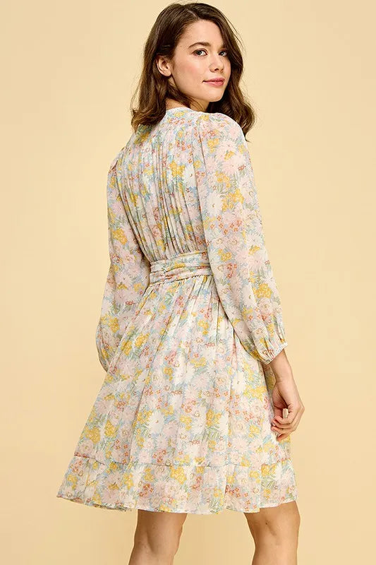 Lime and chili chiffon floral print belted dress with back zipper from Trendsi, featuring a flowy silhouette and vibrant pattern.