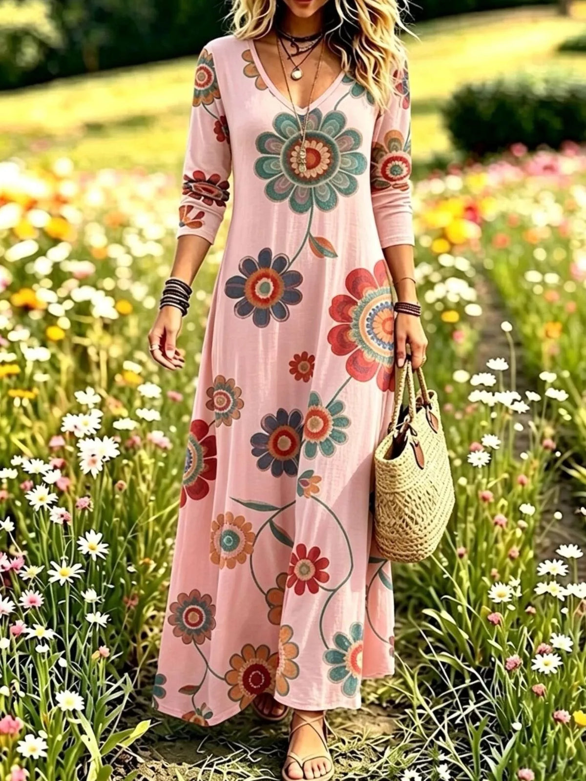 Floral print V-neck long sleeve maxi dress by Trendsi, flowing fabric with colorful blossom pattern and elegant silhouette.