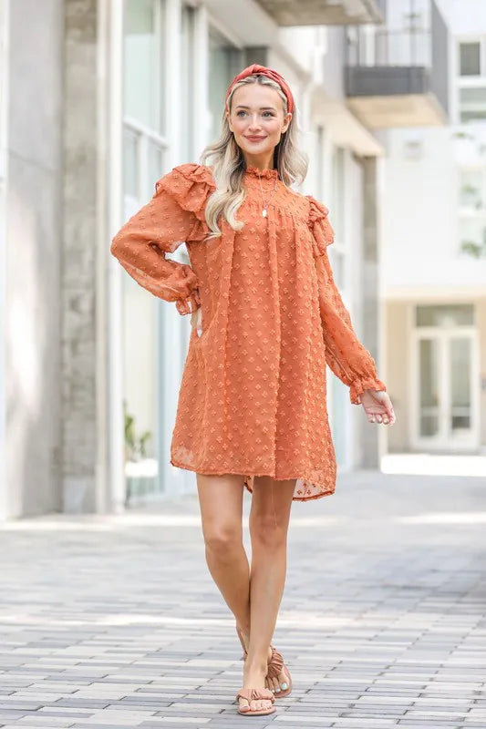 Textured woven dress with ruffle shoulder details from Trendsi, featuring a stylish and feminine design.