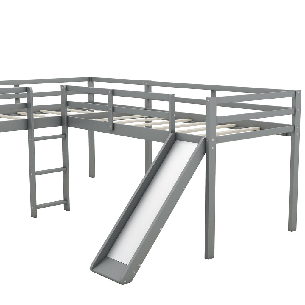 L-Shaped Twin Loft Bed with Ladder & Slide – Gray
