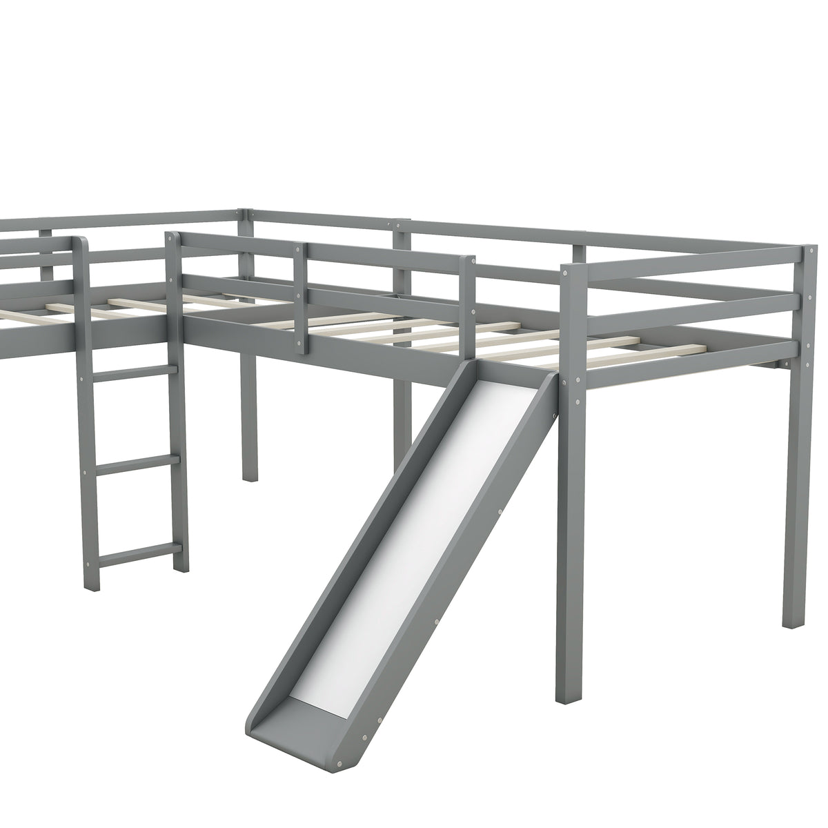 L-Shaped Twin Loft Bed with Ladder & Slide – Gray
