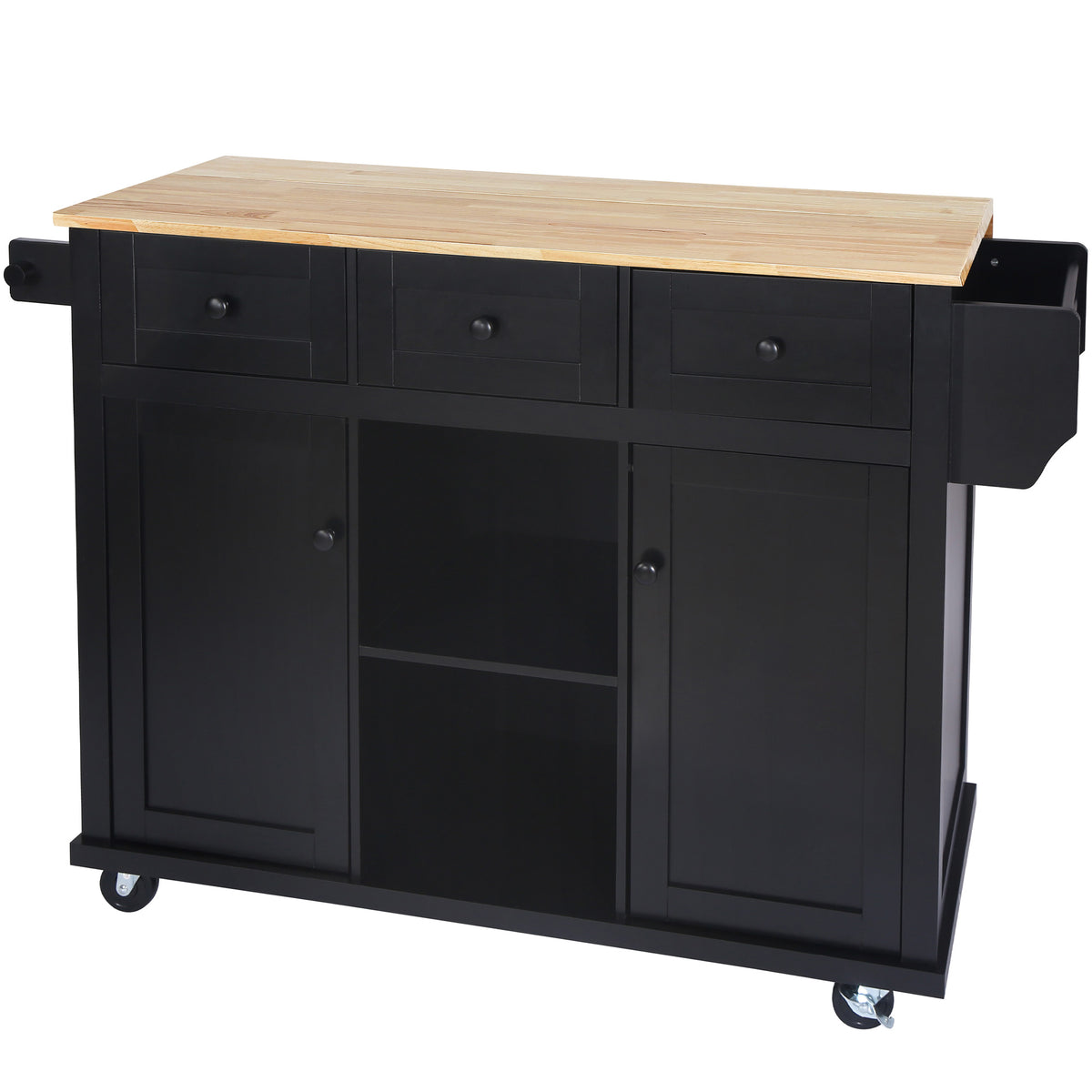 Black Rolling Kitchen Island with Drop-Leaf Top & Storage