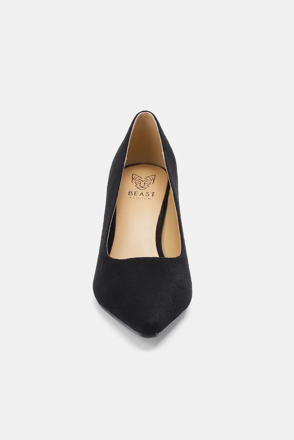 Beast Fashion faux suede point toe pumps in black, featuring a sleek design and stiletto heel, perfect for stylish footwear.