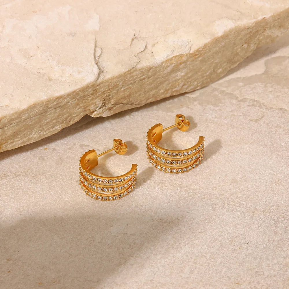Stainless steel inlaid zircon C-hoop earrings with sparkling zircon accents and sleek design, perfect for stylish everyday wear.