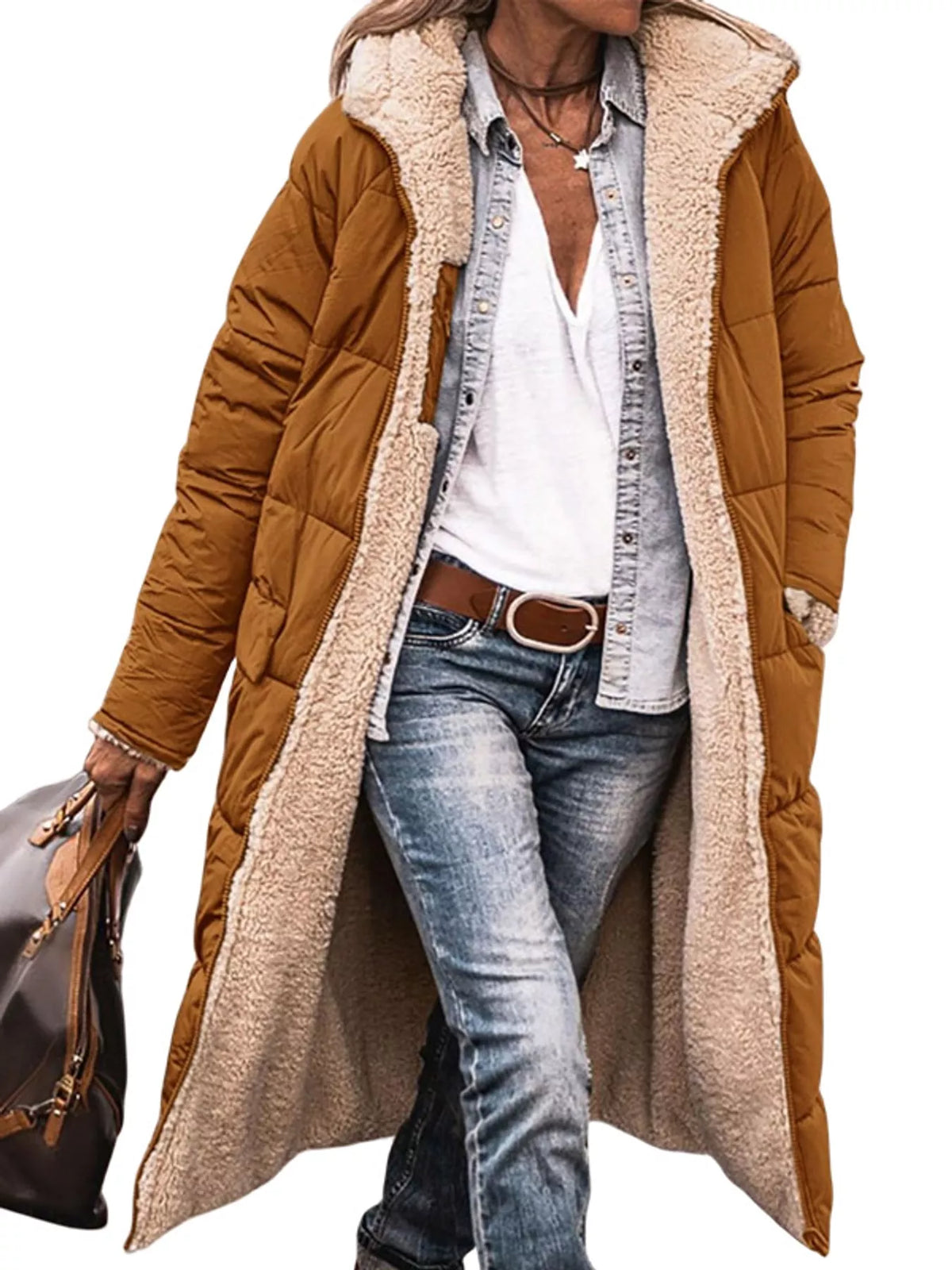Plus size longline sherpa-lined hooded zip-up coat, view 15