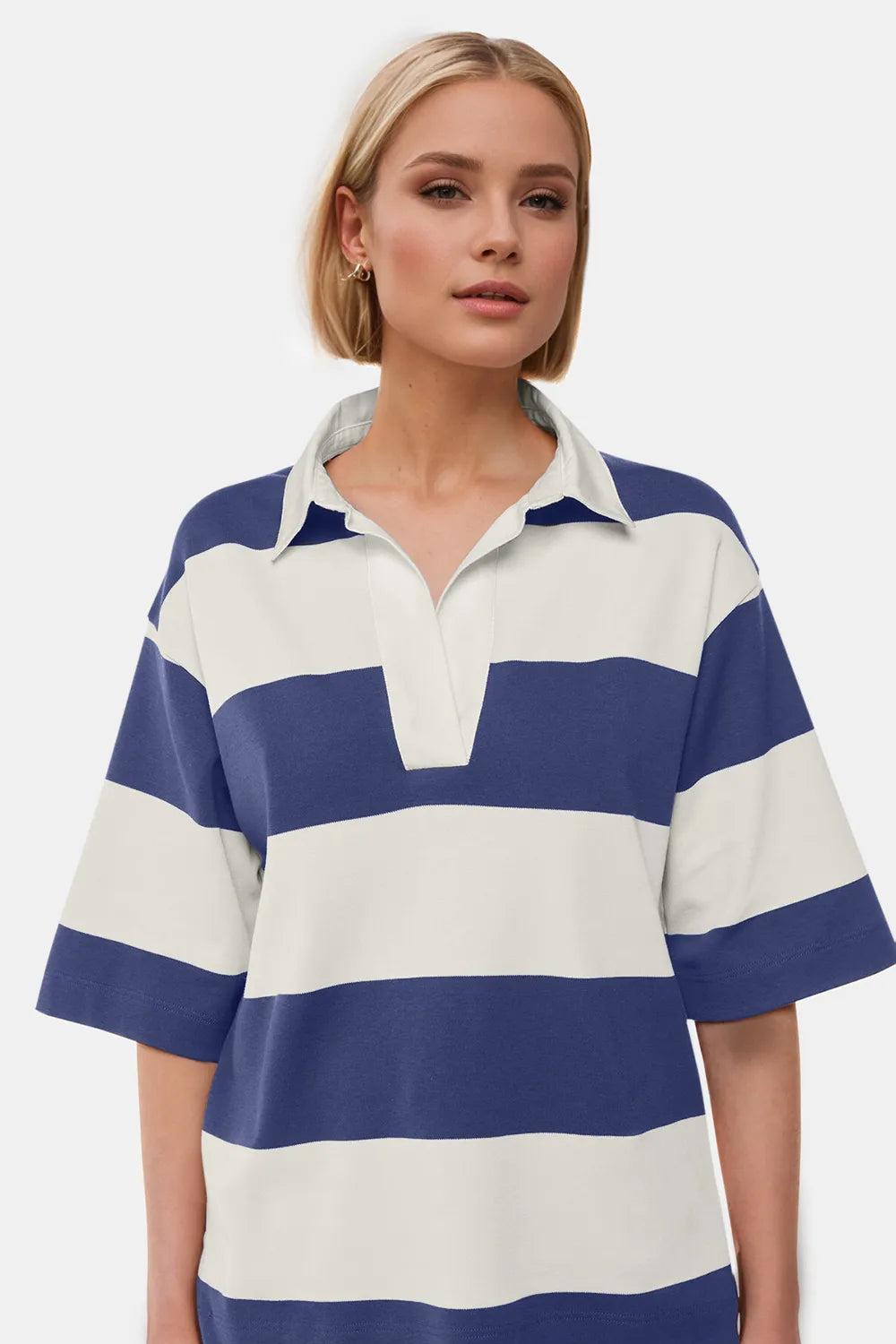 Oh Pima cotton color block Johnny collar half sleeve top by Trendsi, featuring white and wash color blocks and a classic collar.