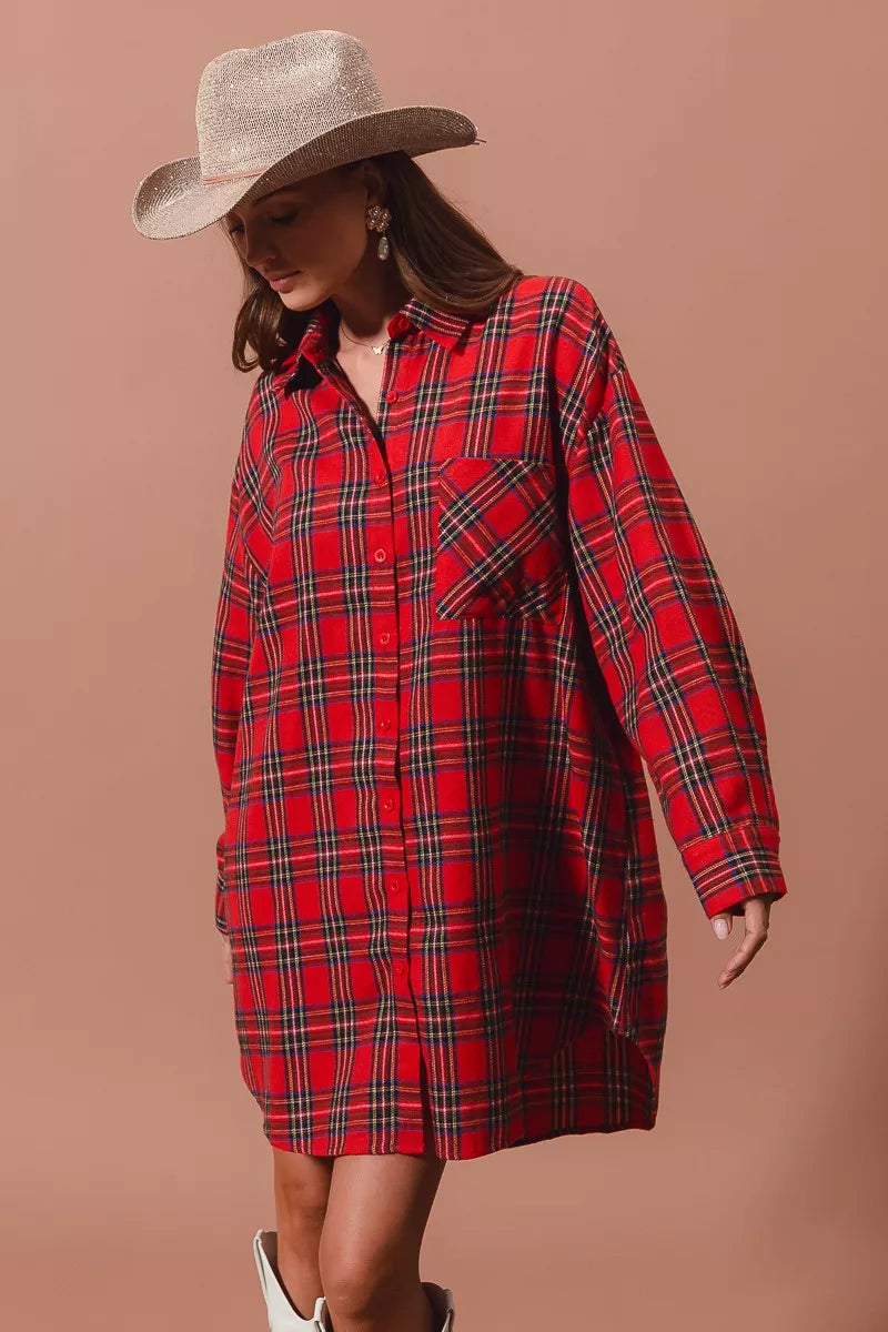 Red checker plaid button-up Christmas shirt dress, view 5