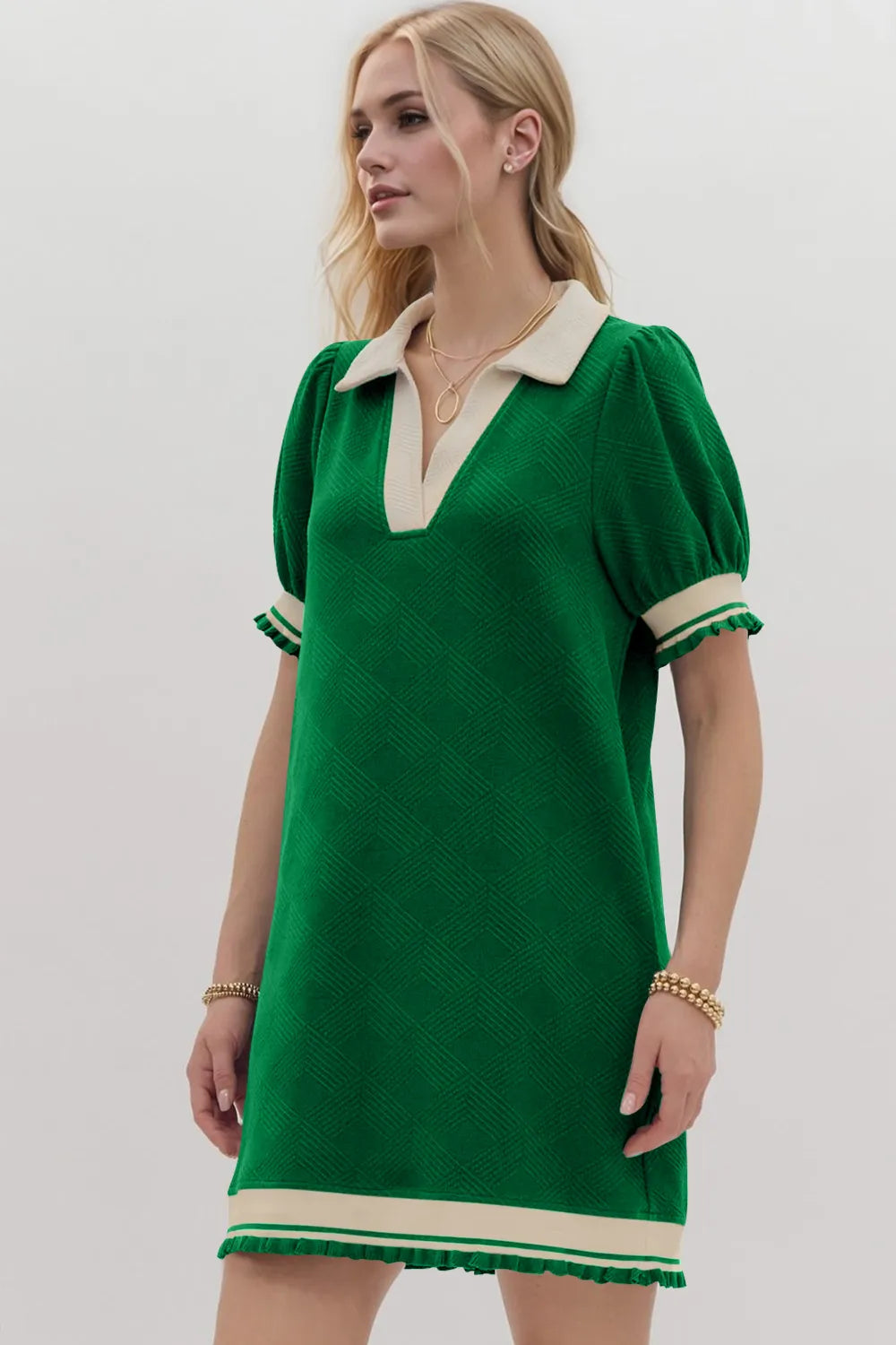 Trendsi Oh Frill contrast trim Johnny collar short sleeve mini dress with frill details and stylish design.