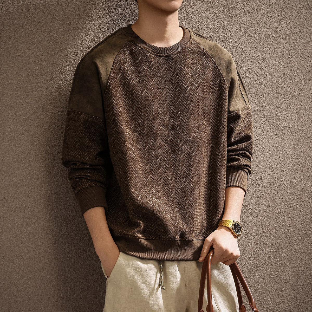 Premium Retro Heavyweight Casual Men's Long Sleeve Color-Block Textured Sweatshirt eprolo