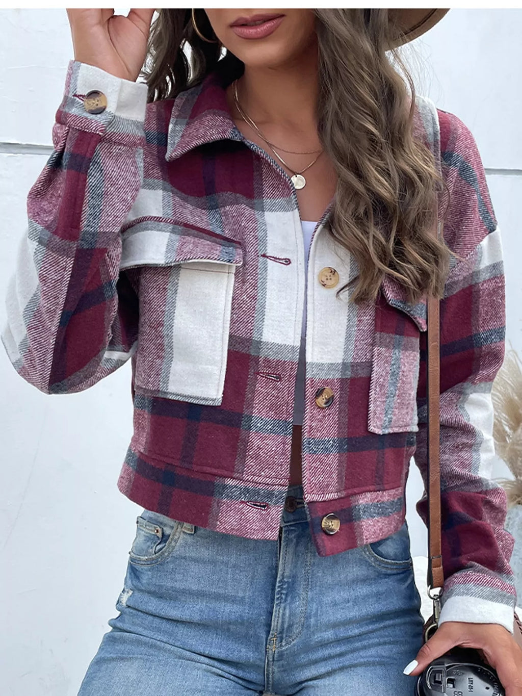 Plaid button-up cropped jacket, view 25
