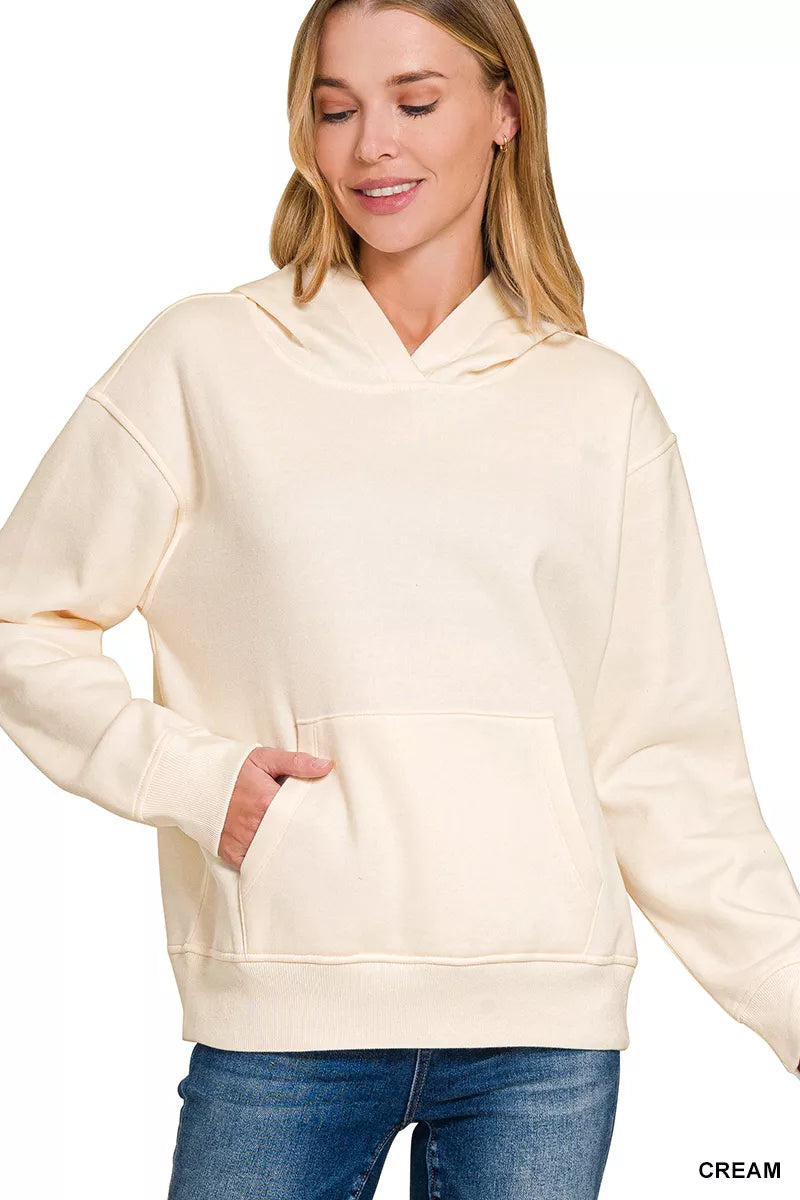 Gray Zenana fleece kangaroo pocket hoodie with hood and long sleeves, featuring a relaxed fit and cozy fleece material.