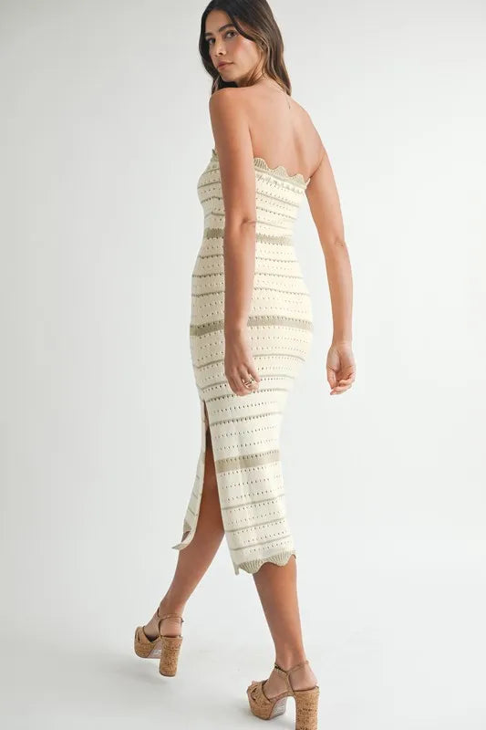 MABLE contrast striped crochet knit midi dress by Trendsi featuring bold horizontal stripes and a fitted silhouette.