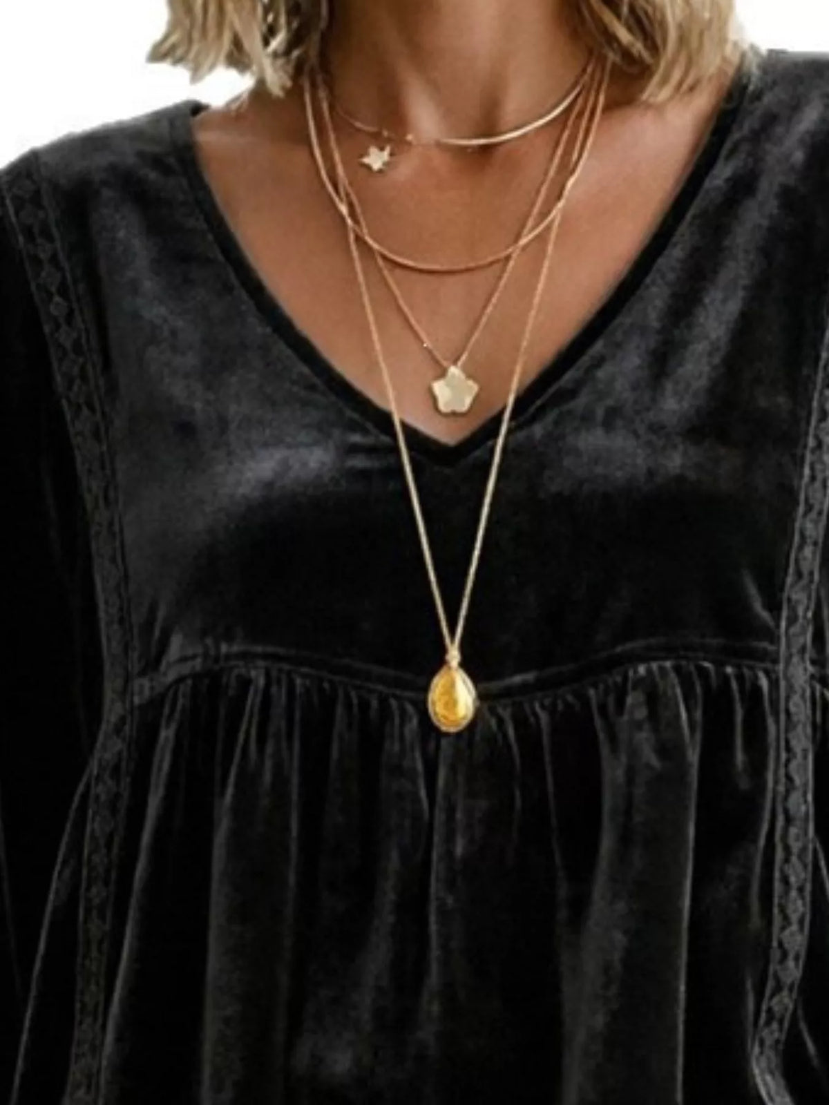 Full size velvet v-neck long sleeve blouse with lace trim by Trendsi, featuring a flattering fit and elegant design.