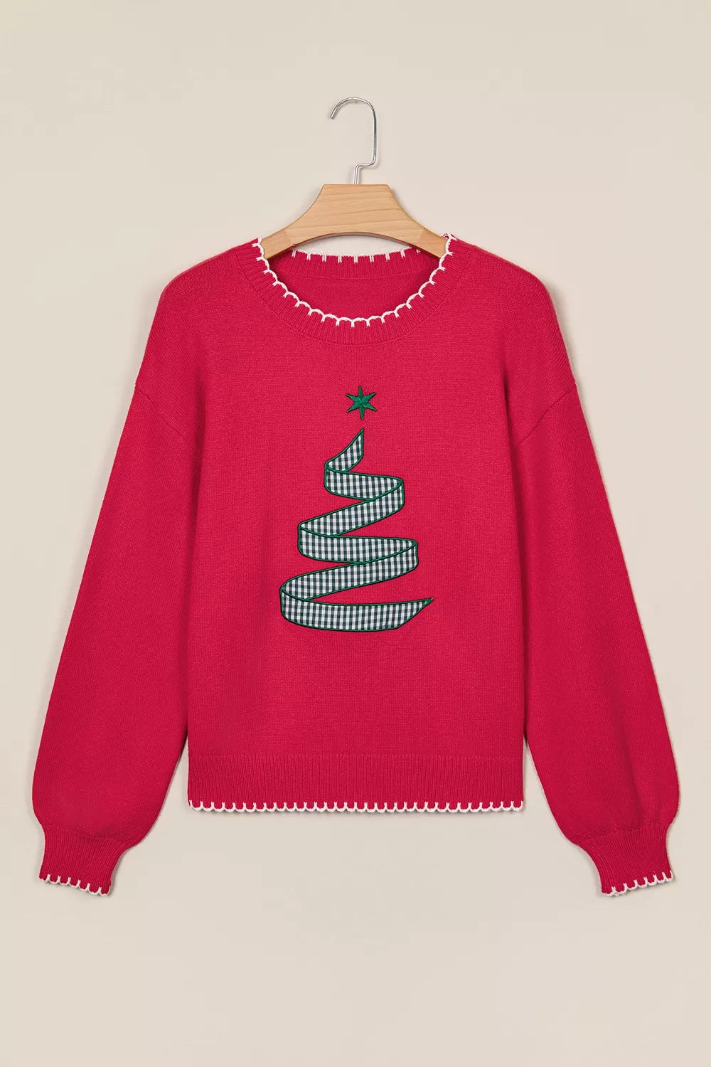 Scarlet holiday sweater with stitched Christmas tree, view 3
