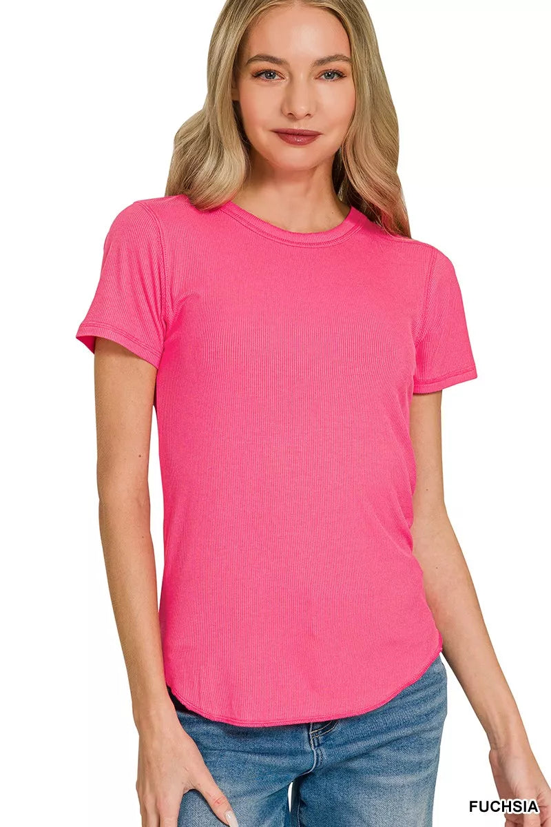 Zenana ribbed curved hem round-neck tee, casual women's top with a relaxed fit and stylish design, shown in the image.