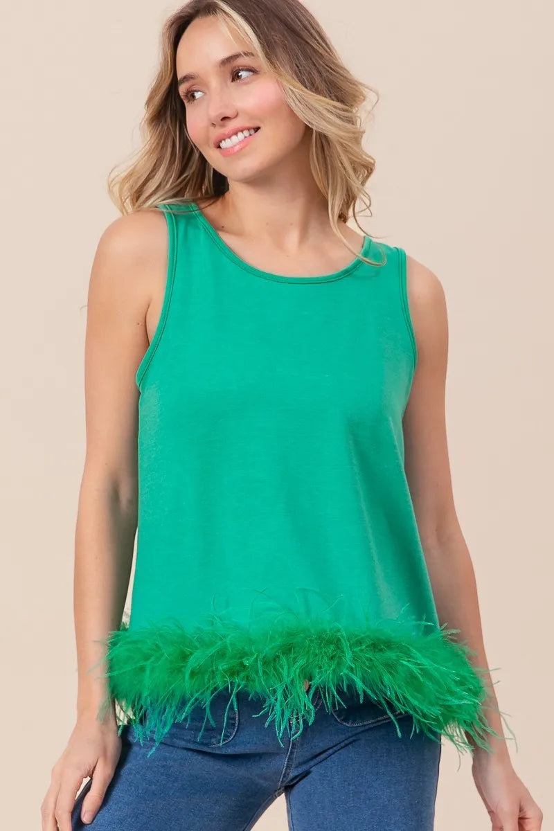 BiBi French Terry faux feather bottom tied back top by Trendsi, featuring a relaxed fit and stylish back tie detail.