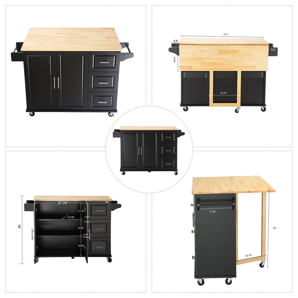 Black Rolling Kitchen Island with Extendable Rubber-Wood Top