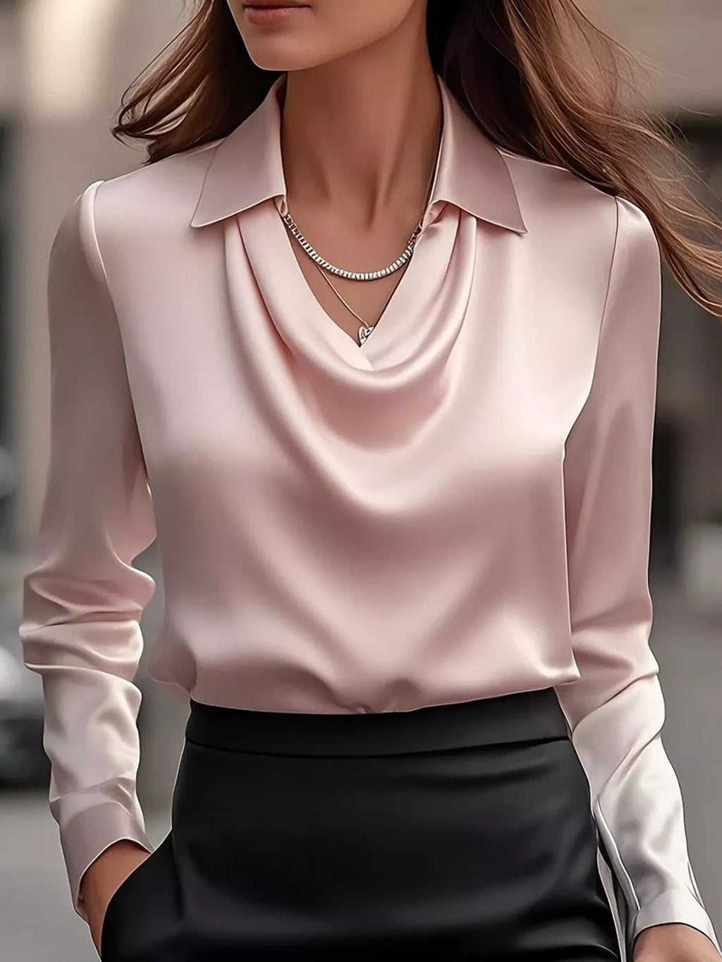 Plus size satin cowl neck blouse by Trendsi, featuring a full size fit and smooth satin fabric displayed on a model.