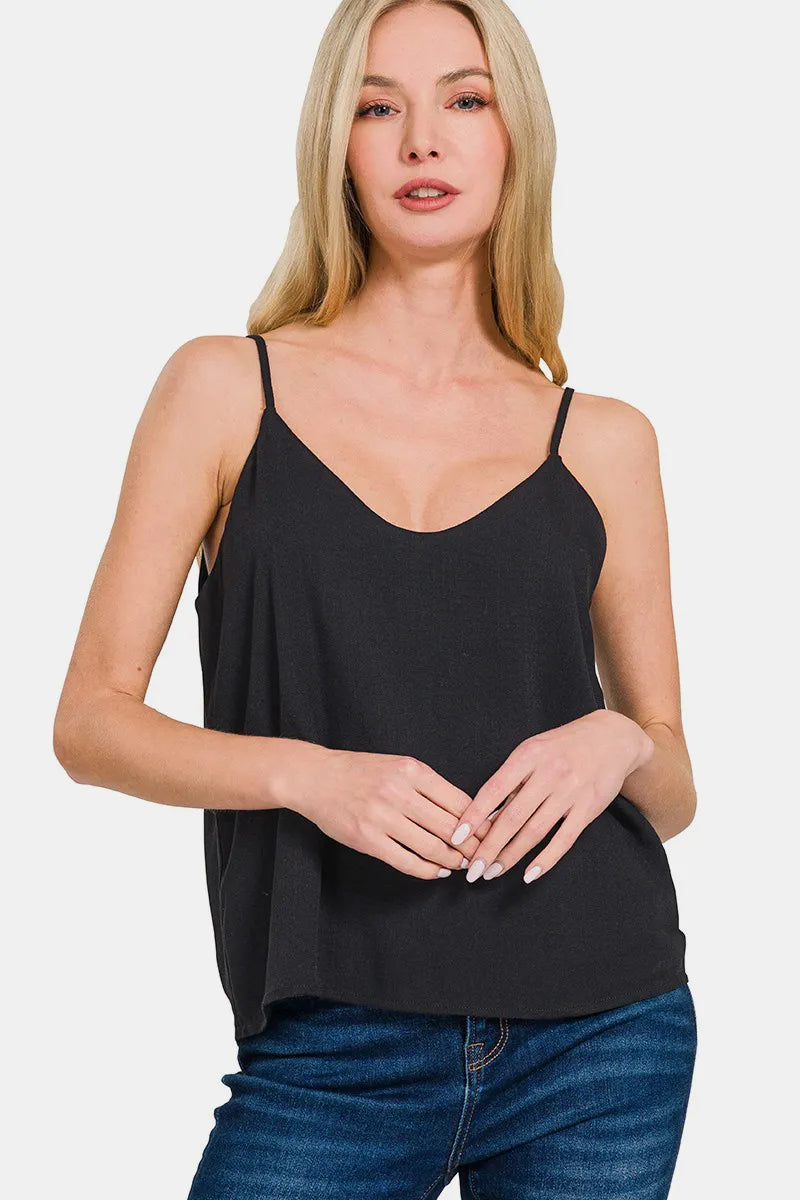 Two-layered Zenana spaghetti strap cami in soft fabric with thin straps, versatile and stylish for casual wear.
