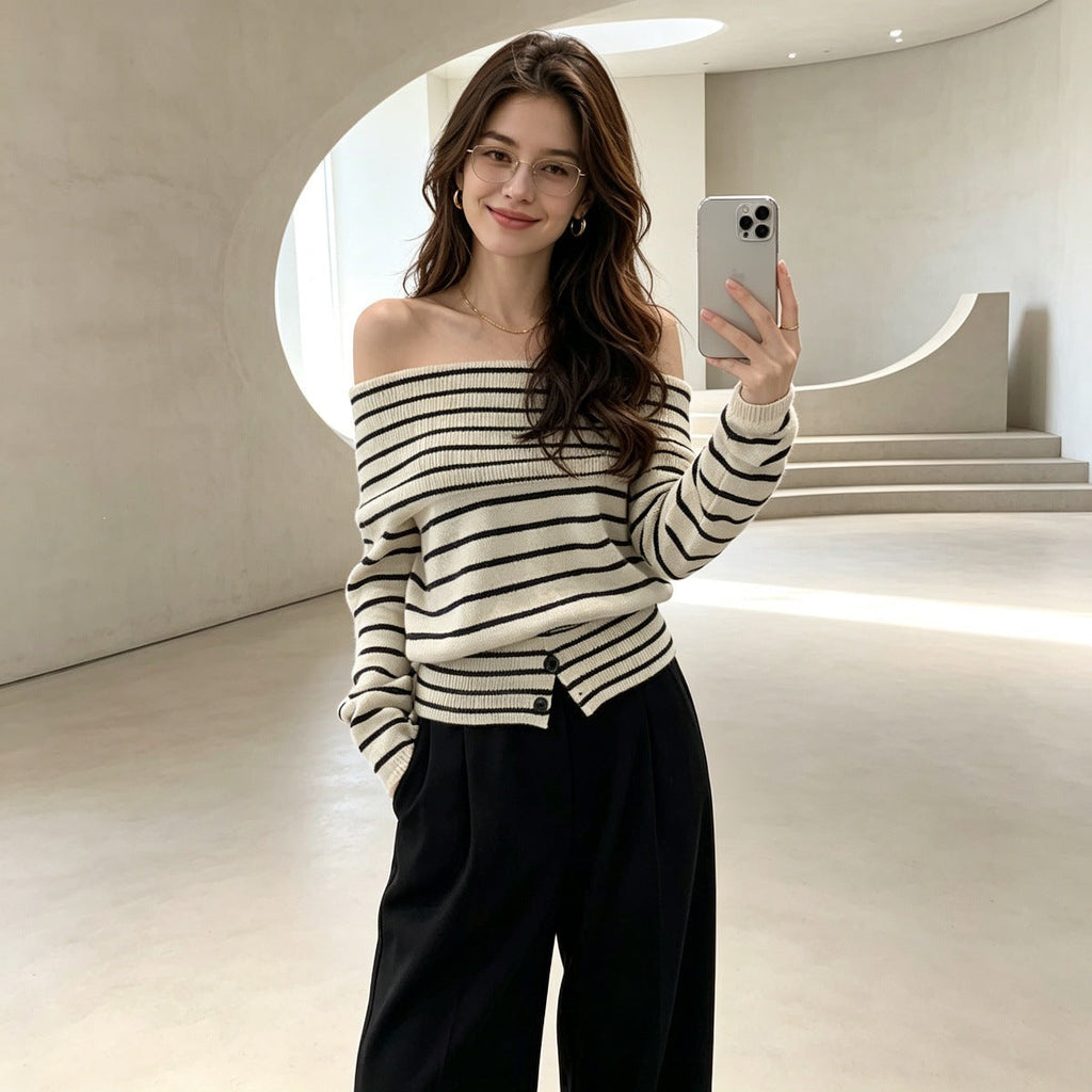 Single neck off shoulder striped sweater for women eprolo