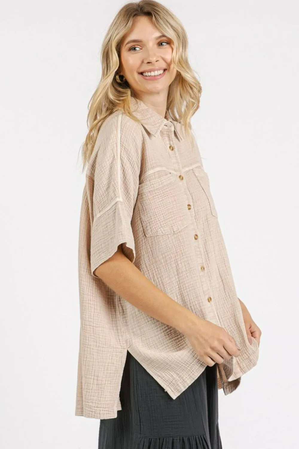 Light blue Mittoshop Mineral Wash Gauze Oversized Short Sleeve Shirt with a relaxed fit and soft, breathable fabric.