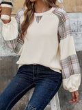 Cream plaid round neck long sleeve sweatshirt