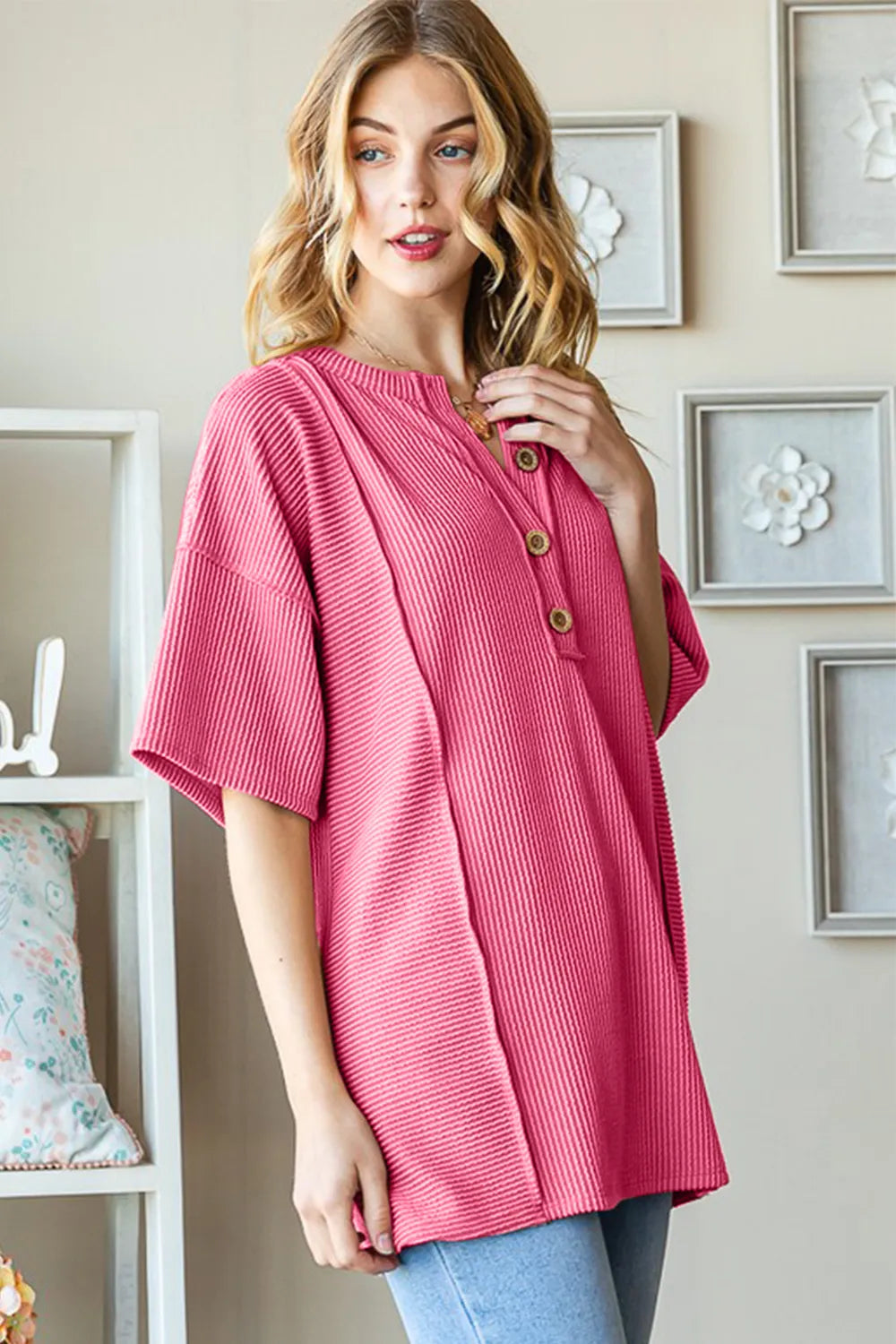 Heimish full-size ribbed half-button drop shoulder top in neutral color, showcasing its relaxed fit and textured fabric.