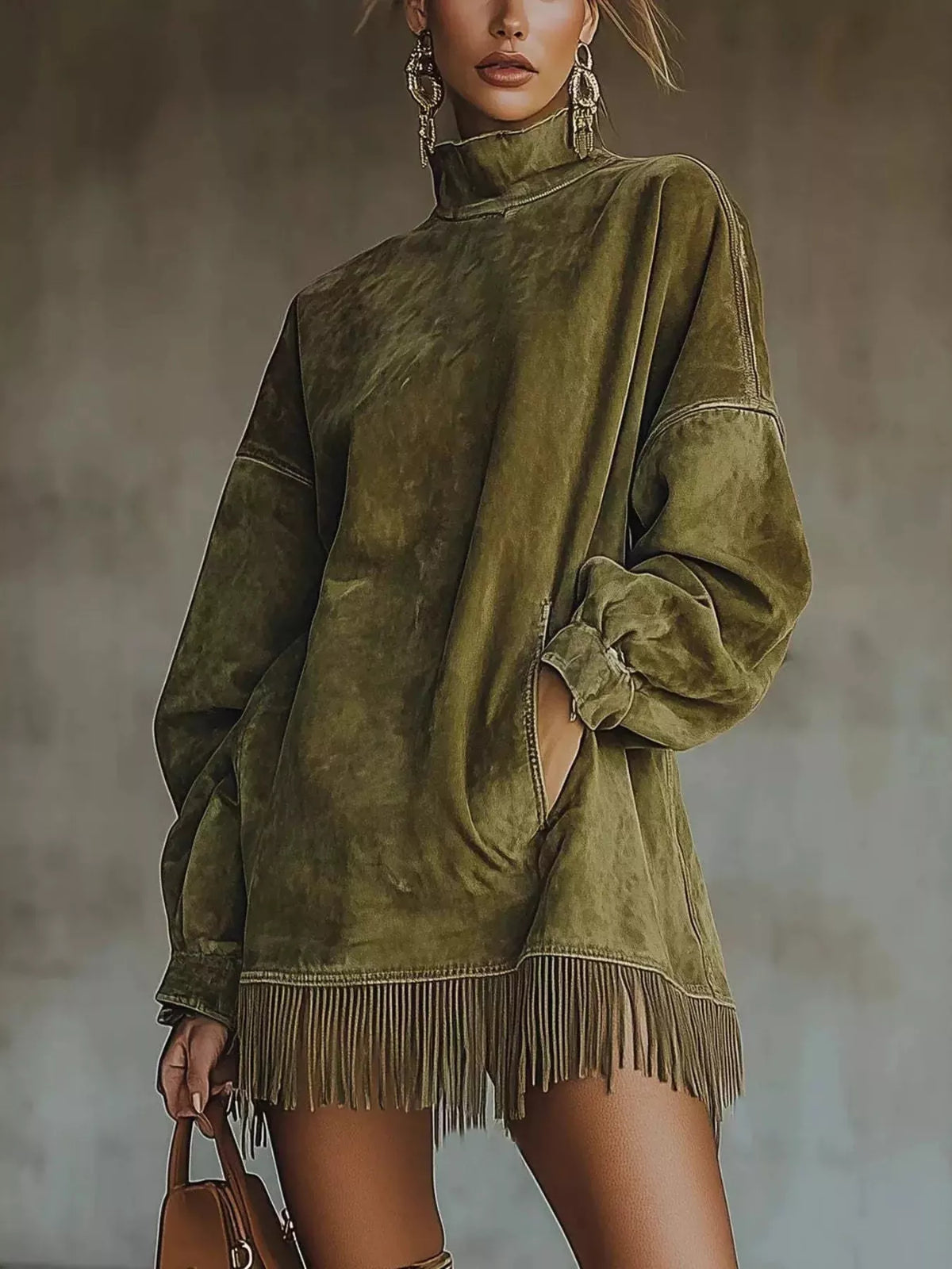 Plus size full size mock neck long sleeve mini dress with fringed hem by Trendsi, featuring a stylish and fitted design.
