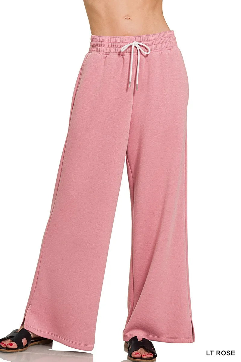 Zenana scuba drawstring pants in black, featuring a relaxed fit and elastic waistband, perfect for casual or active wear.