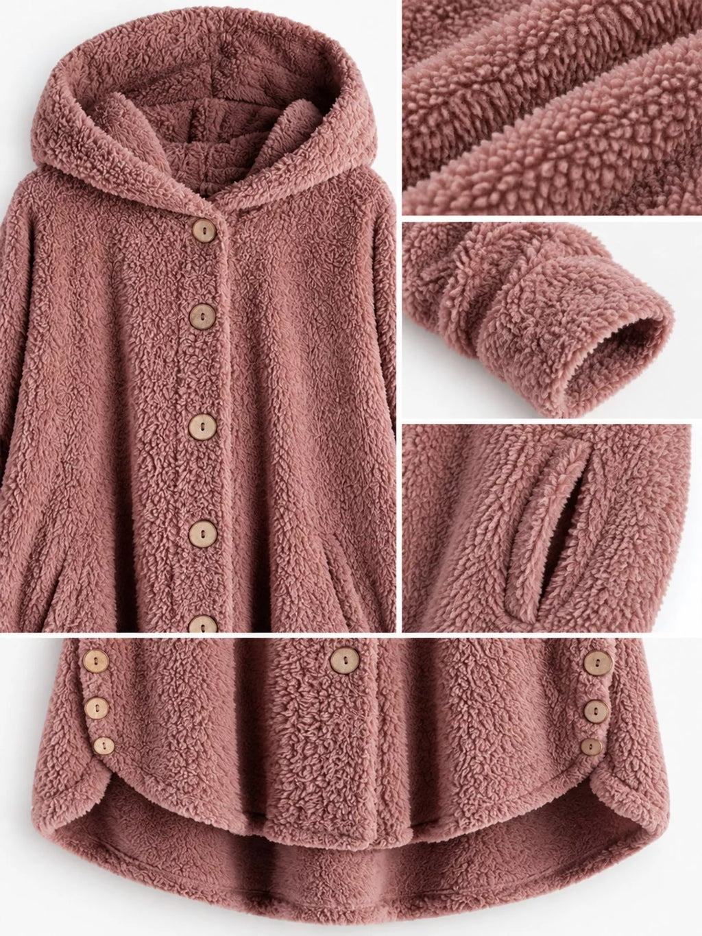 Plus size hooded fleece button-up jacket with high-low hem, view 8