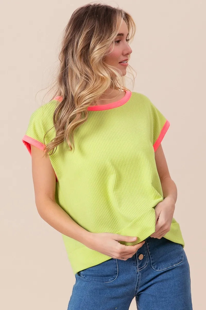 BiBi Cord Rib Knit Contrast Banded Top by Trendsi, featuring a fitted ribbed fabric with contrasting band detail.