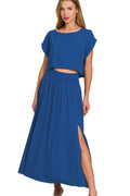 Zenana heavy woven crop tee and skirt set by Trendsi, featuring a stylish matching crop top and skirt in woven fabric.