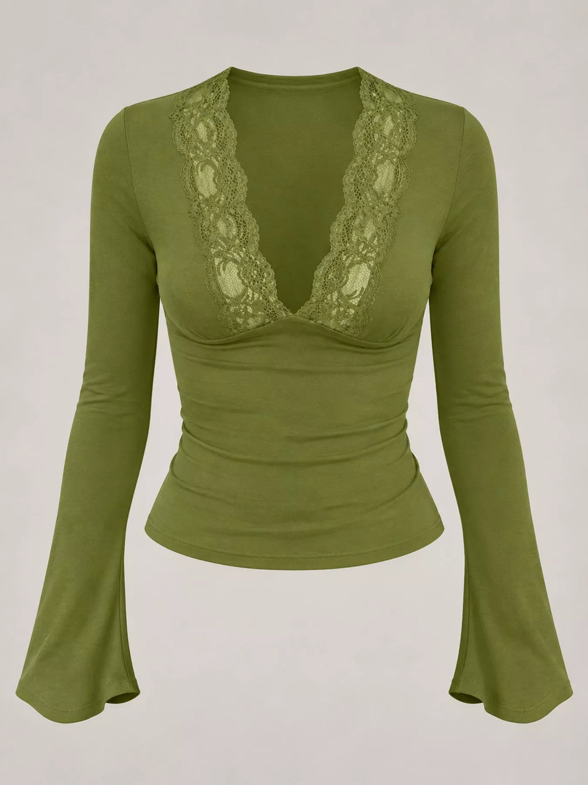 Lace trim V-neck long sleeve slim fit T-shirt by Trendsi, featuring a comfortable design with delicate lace accents.