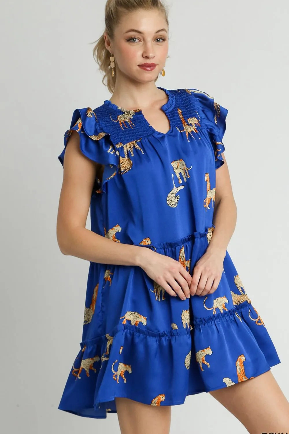 Plus size Umgee cheetah print mini dress with notched ruffle layered cap sleeves, stylish and flowy for a trendy look