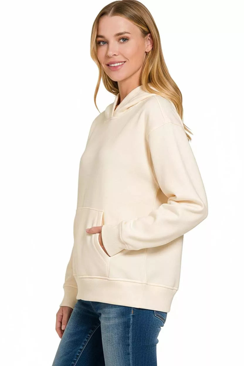 Gray Zenana fleece hoodie with kangaroo pocket and hood, casual style, soft fabric, perfect for cozy everyday wear.