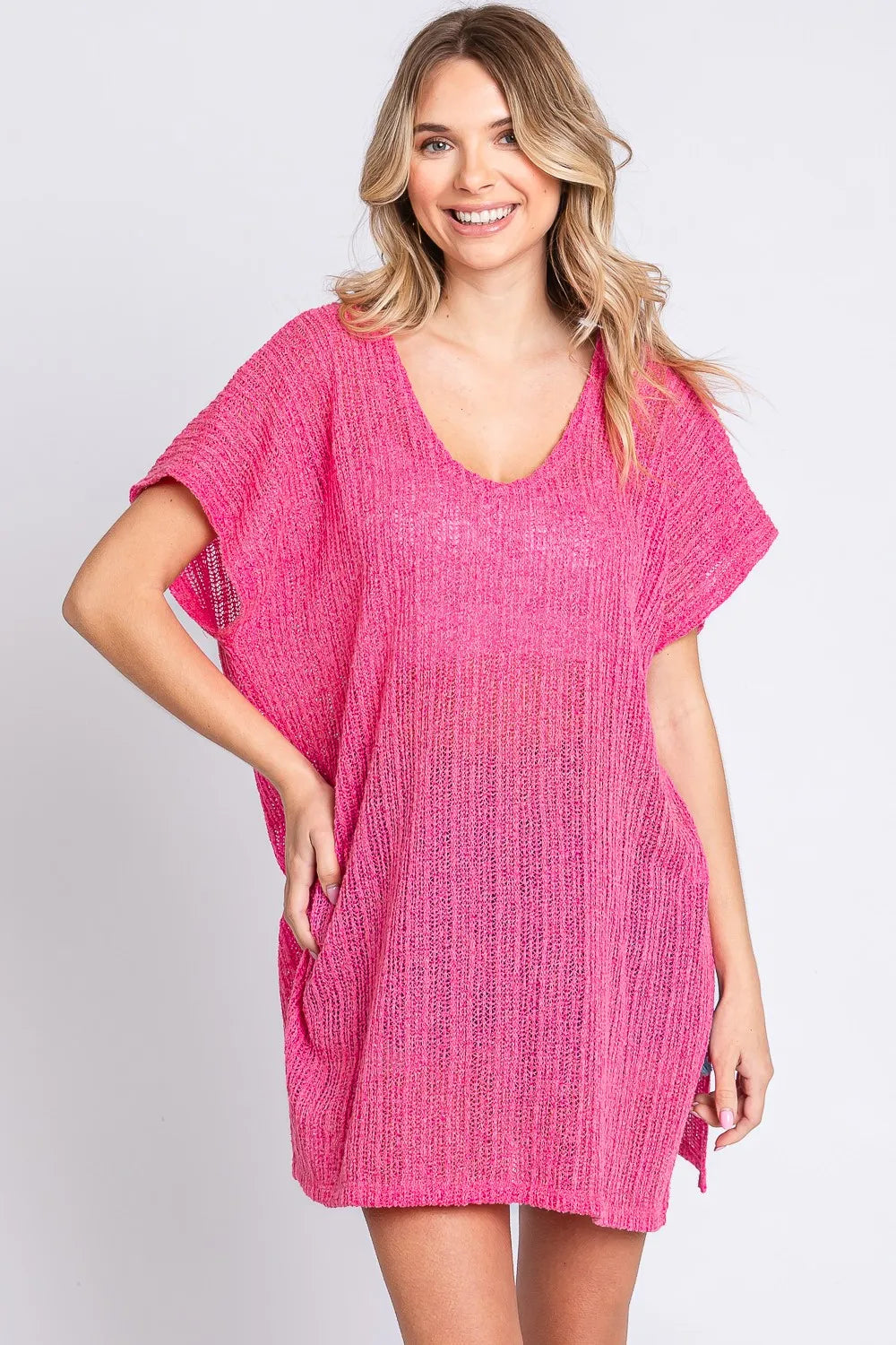 GeeGee short sleeve knit cover-up dress with side slit, casual summer fashion by Trendsi, shown in a lightweight, stylish design.
