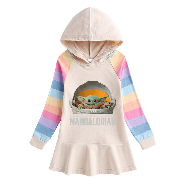 Girls' Rainbow Cartoon Long-Sleeve Cotton Dress