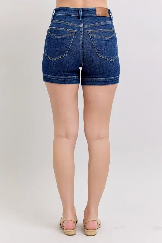 Plus size Judy Blue high waist denim shorts with tummy control, featuring a trendy full-size fit and classic denim style.
