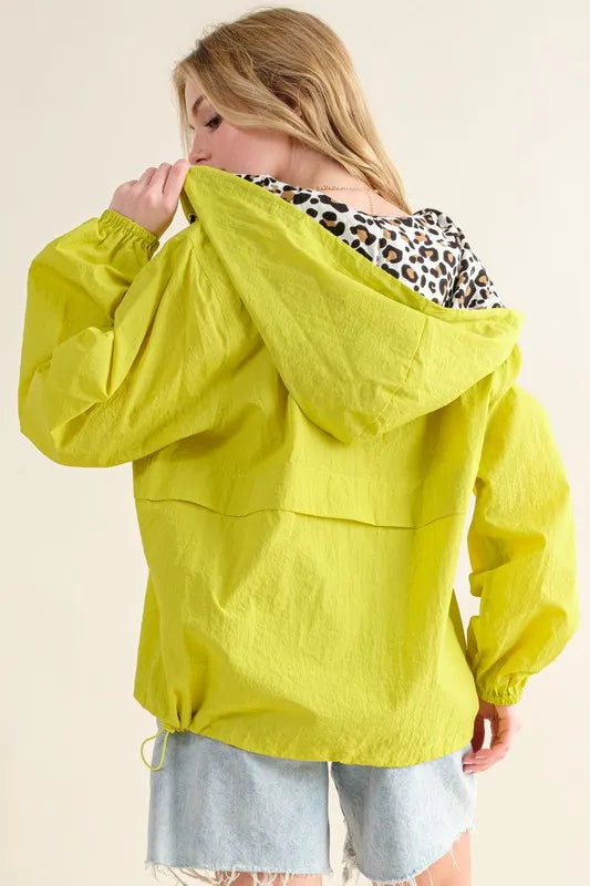 Lime leopard print hooded zip-up windbreaker with pockets, view 3