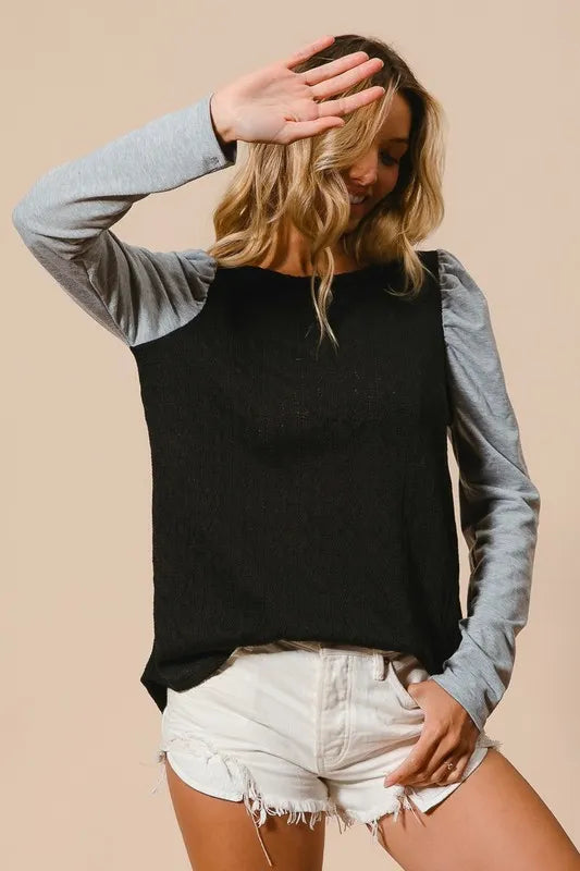 Trendsi BiBi Cable Sweater Knit Top with contrast puff sleeves, featuring a cozy knit texture and stylish design.