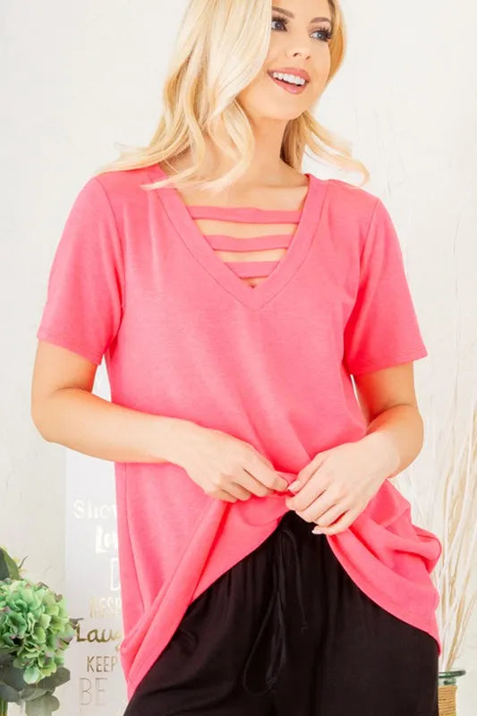 Plus size Heimish V-neck short sleeve T-shirt with bar detail, black, smooth fabric, casual fit, from Trendsi.