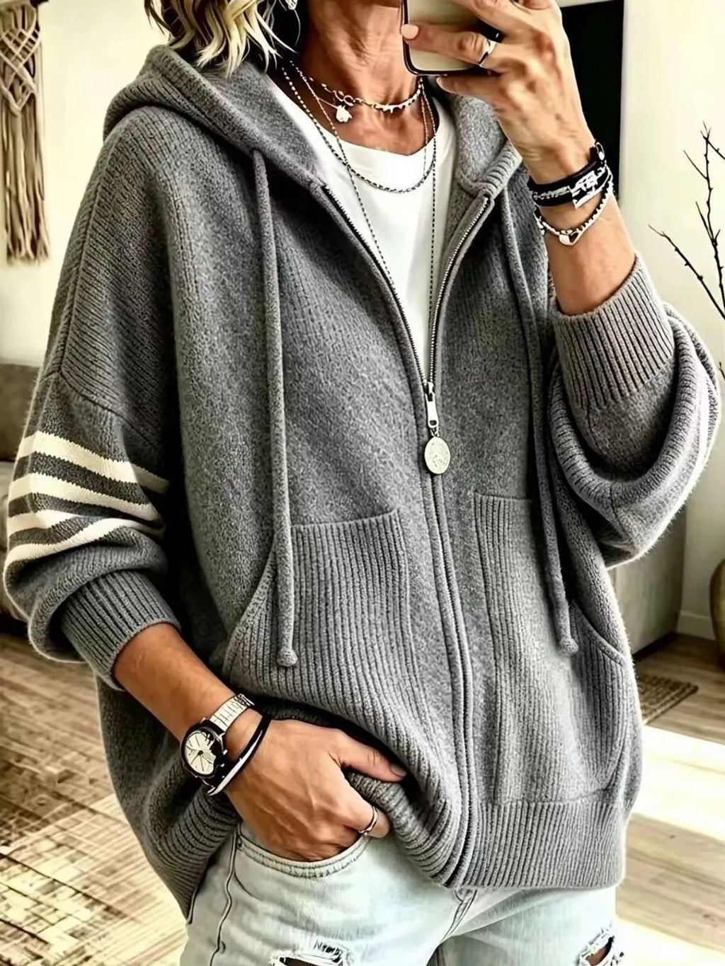Plus size hooded zip-up knit cardigan