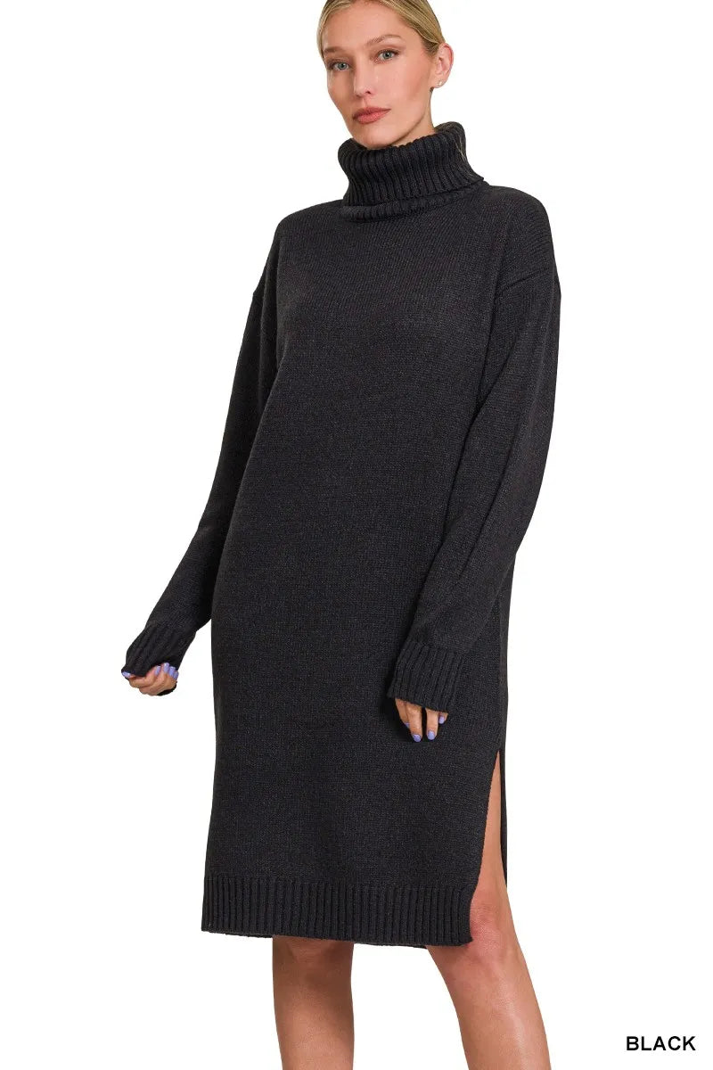 Black turtleneck long sleeve midi sweater dress