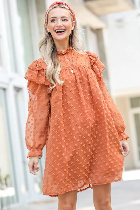 Lovely woven dress with ruffle shoulders by Trendsi, featuring textured fabric and a stylish, feminine design.