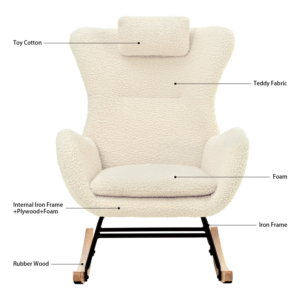 Beige Upholstered Rocking Chair with Adjustable Headrest & Side Pocket