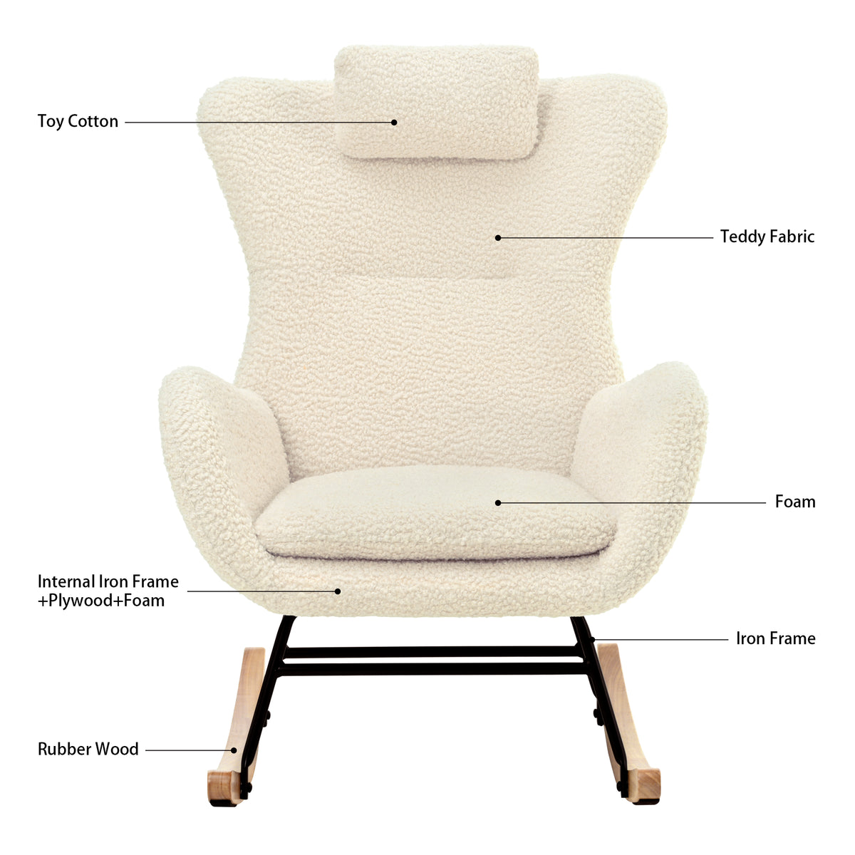 Beige Upholstered Rocking Chair with Adjustable Headrest & Side Pocket