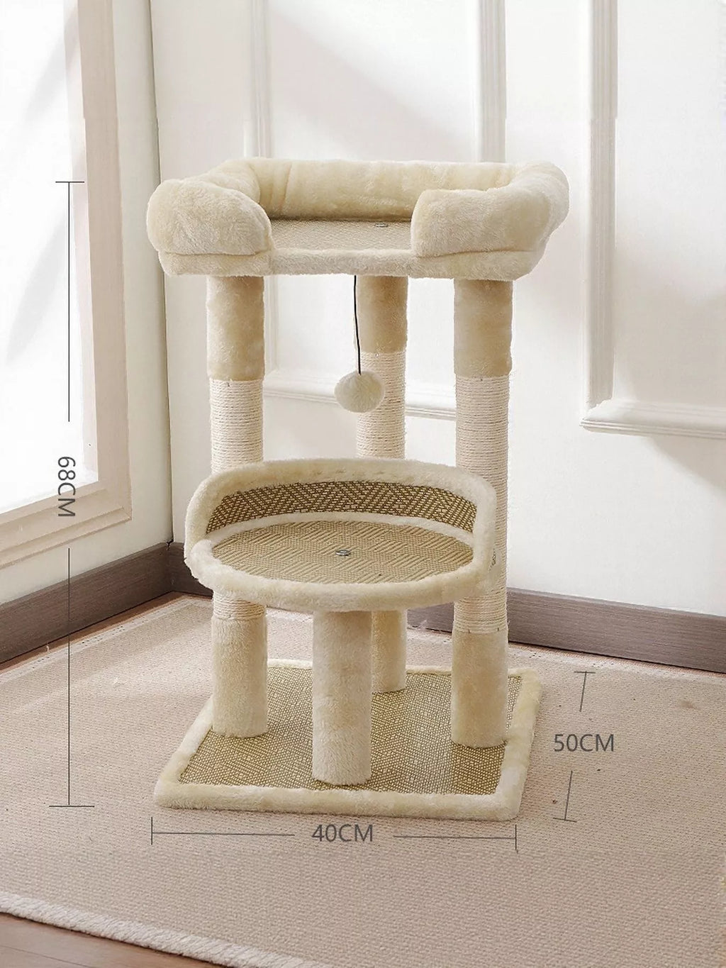 Soft plush cat tree condo with scratching posts, multi-level platforms, and cozy hideouts for cats to relax and scratch.