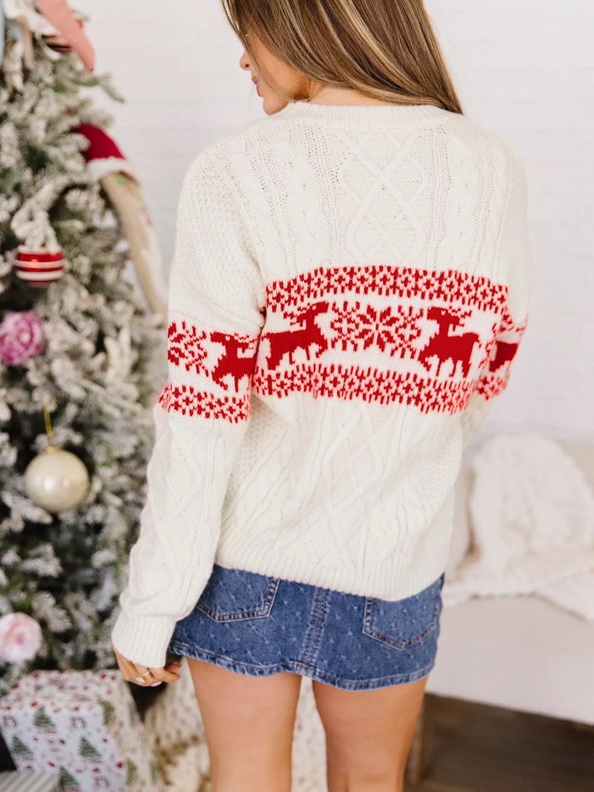 Cream reindeer pattern cable knit Christmas sweater, view 2